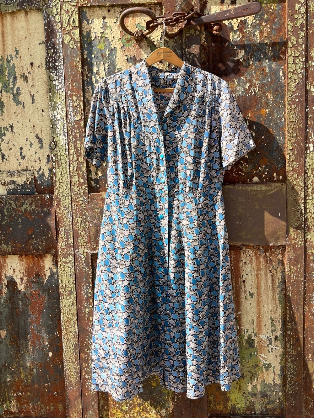 1940s 40s Mode O Day Art Deco Vintage Blue Rayon Printed Midi House Dress M
